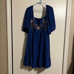 SHEIN Blue Midi Dress with Floral Embroidery